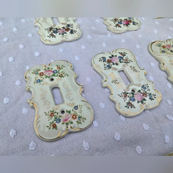 VTG Set of 5 Arnart Japan Porcelain Floral Light Switch Covers | Gold Gilt S7310 - Picture 3 of 14